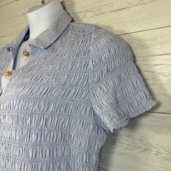 J.Crew Blue Smocked Button Top Coastal Preppy Cottage Spring medium quiet luxury - Picture 8 of 11